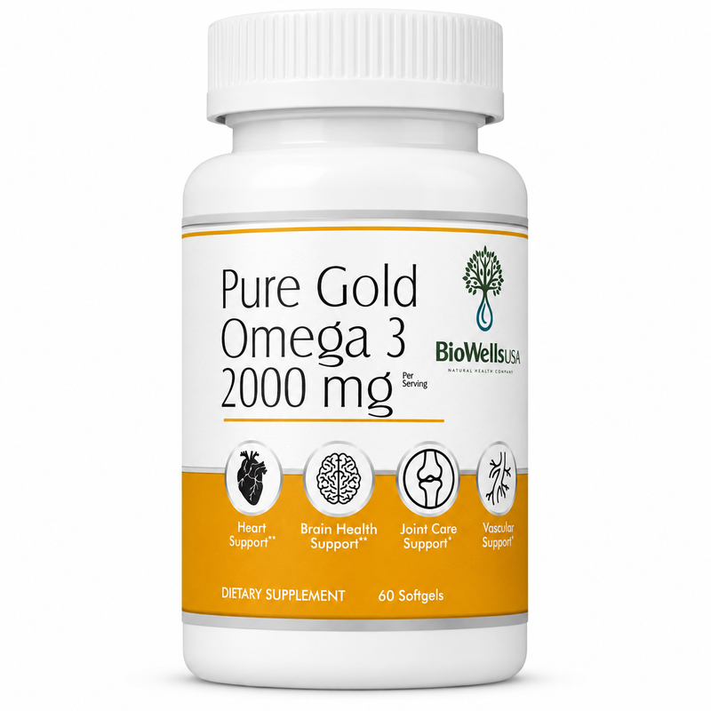 BioWellsUSA Pure Gold Omega 3 Fish Oil 2000 mg Per Serving 60 Softgels
