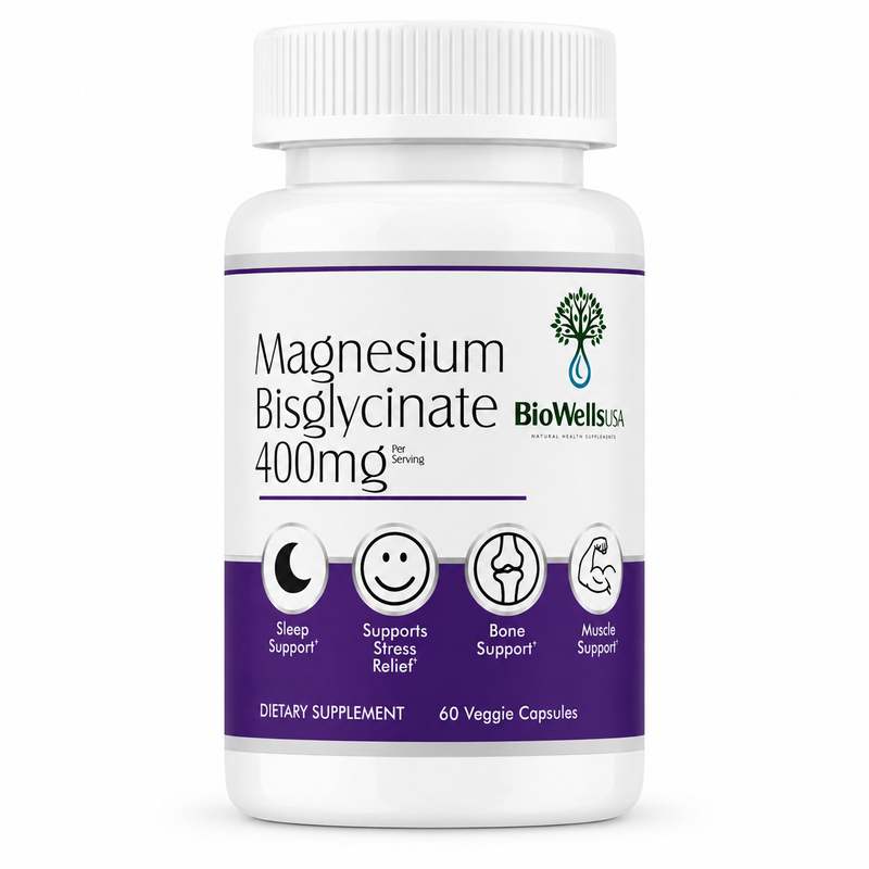 BioWellsUSA Magnesium Bisglycinate 400 mg – 60 Veggie Capsules, 30 Servings