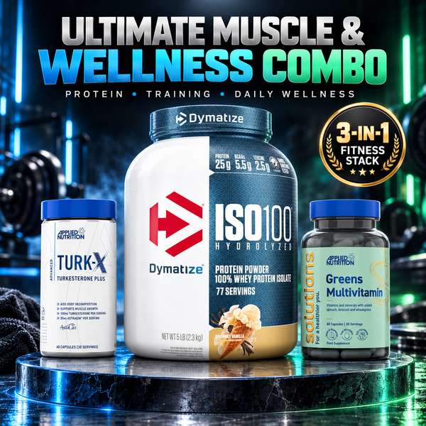 Ultimate Muscle & Wellness Combo – Dymatize  ISO100 5lb+ Applied Nutrition Turk-X + Greens Multivitamin