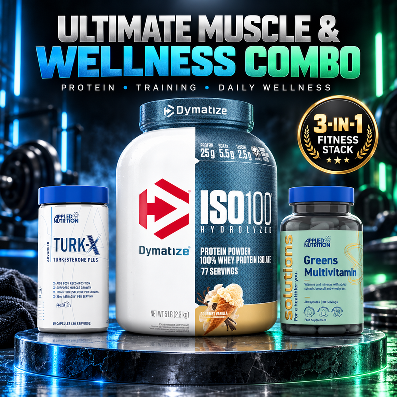 Ultimate Muscle & Wellness Combo – Dymatize  ISO100 5lb+ Applied Nutrition Turk-X + Greens Multivitamin